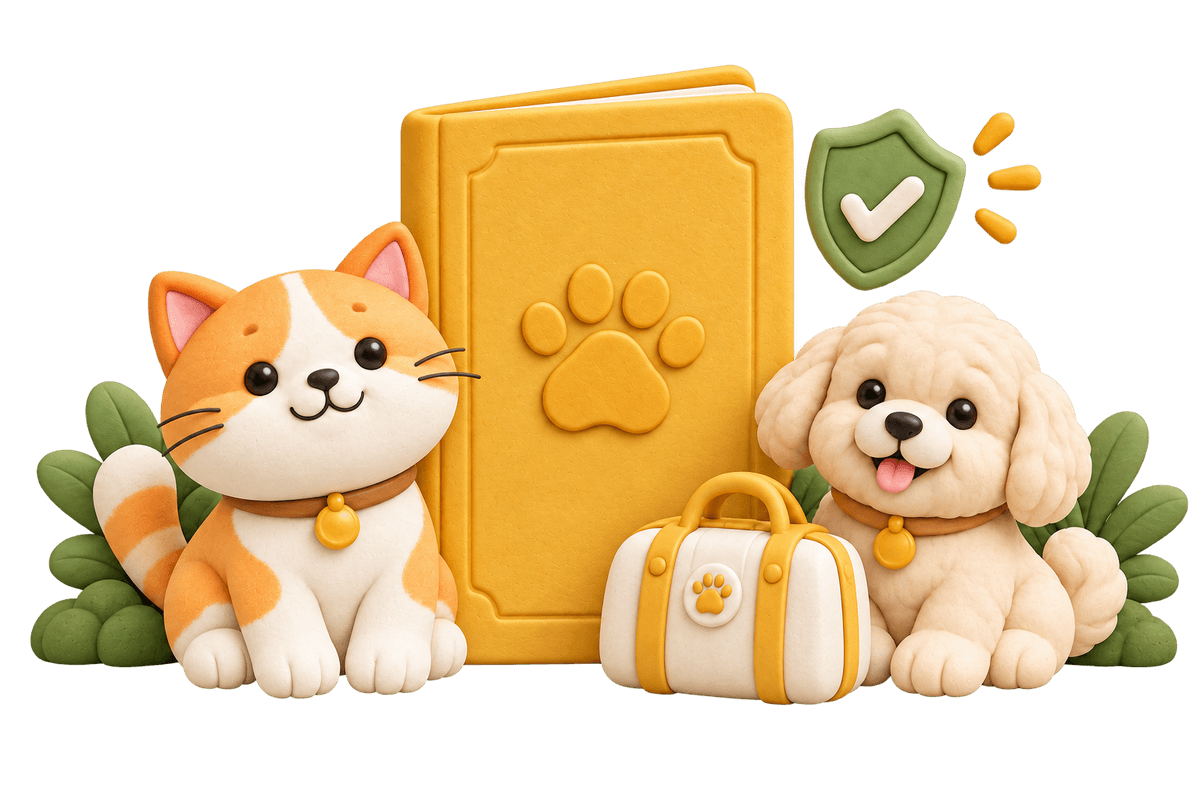 แมวและสุนัขข้างสมุด Pet Passport สีเหลืองและสัญลักษณ์ปกป้องข้อมูล